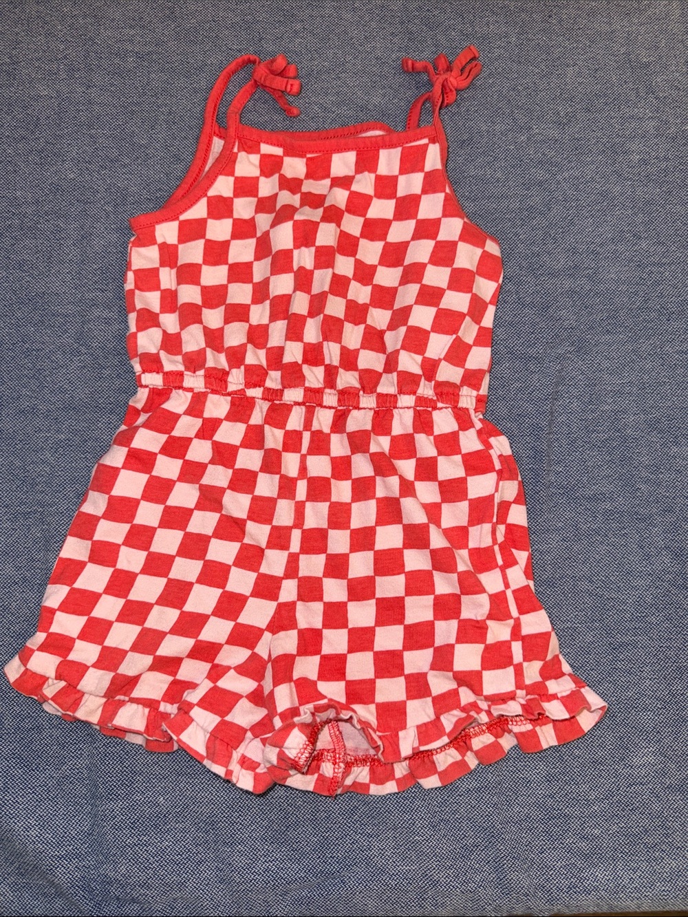 Old Navy Red and Pink Checkered Tie-Shoulder Romper